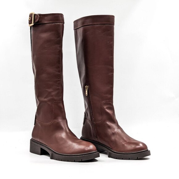 Coach Wmn Leigh Brown Leather Platform Riding Tall Buckle Boots 7US EUR 37.5 - Picture 1 of 10
